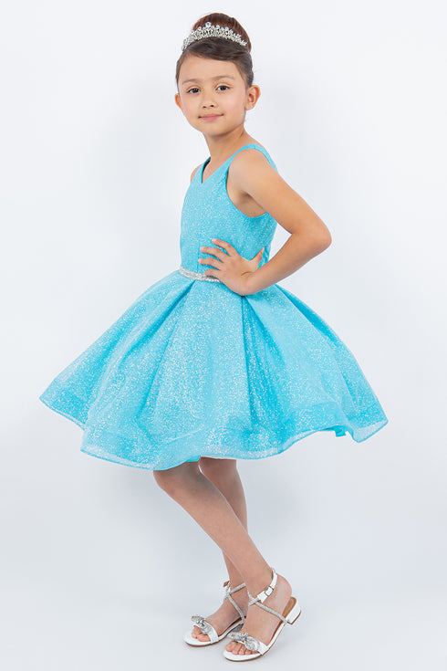 Big Girls Multi Color Glitter Mesh V Neck Short Dress 4-16
